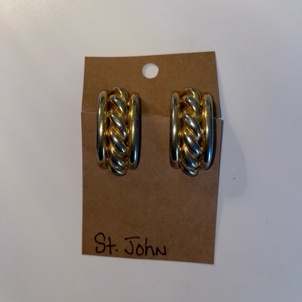 St. John  Earrings Gold Tone Logo Embossed Used Authentic clip on
